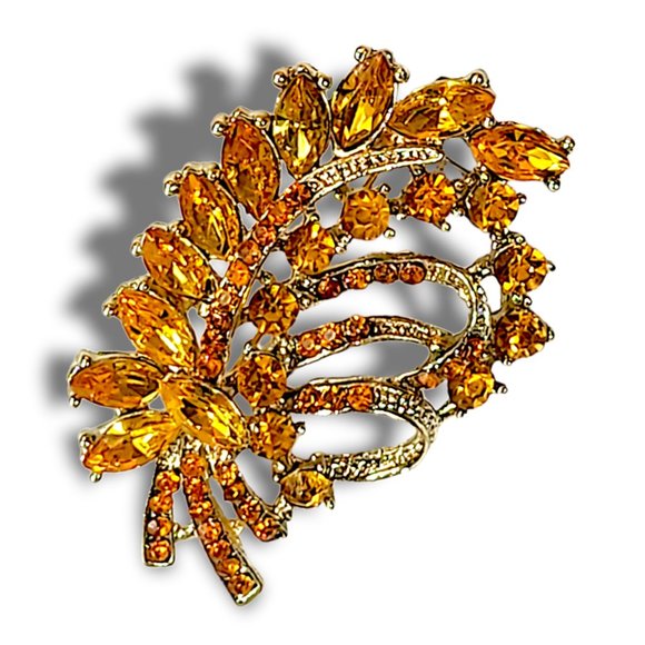 Brooch Retro Feather Design Gold Tone Amber - Picture 1 of 4
